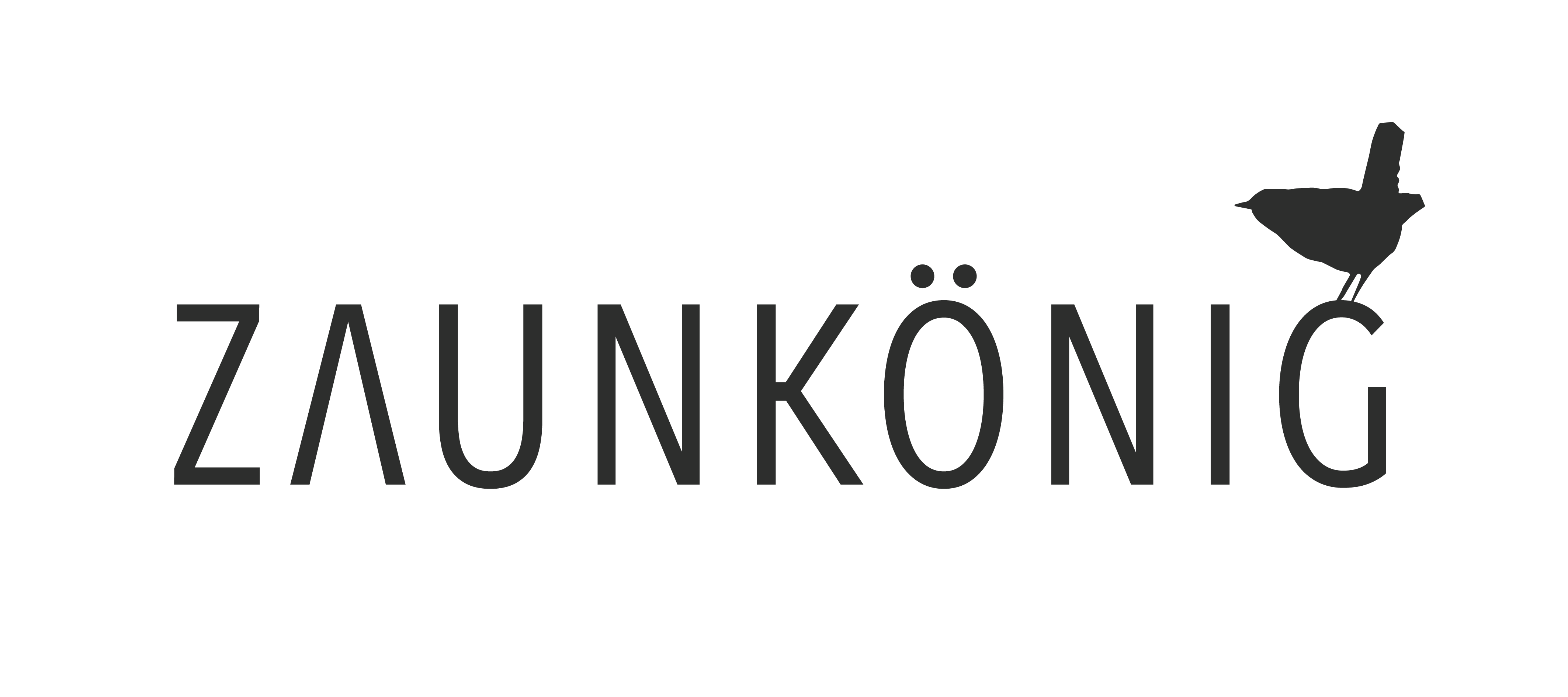 ZAUNKÖNIG Logo im Schriftzug mit kleinem Vögelchen auf dem letzten Buchstaben. 